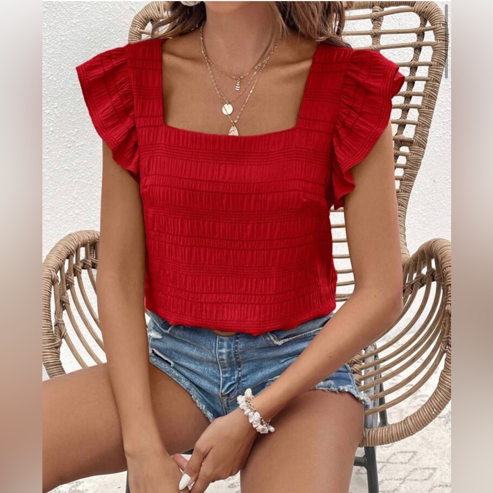 NWT SHEIN VCAY Square Neck Ruffle Trim Blouse